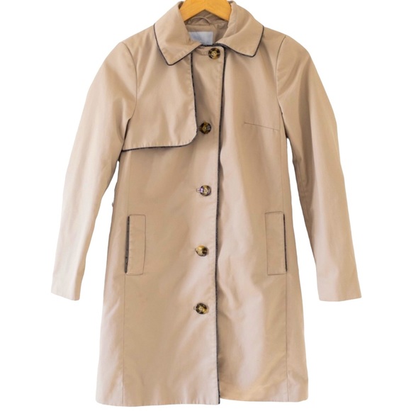 H&M size 6 tan w black trim & lining belted w back overlay button up trench coat - Picture 1 of 16